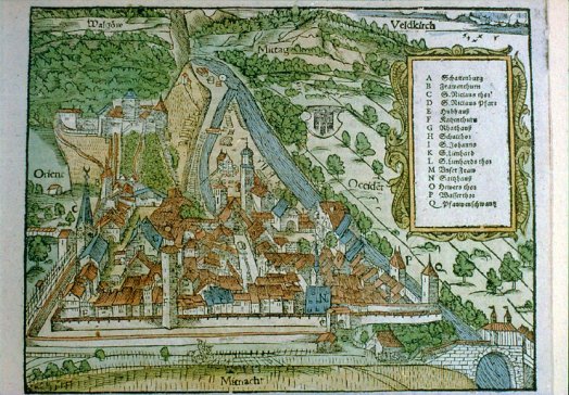 Holzschnitt der mittelalterlichen Stadtanlage Feldkirch